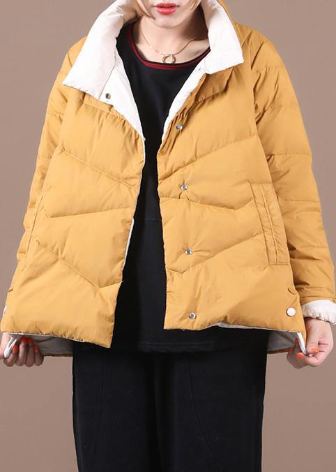 women yellow duck down coat Loose fitting snow jackets stand collar pockets Luxury overcoat - bagstylebliss