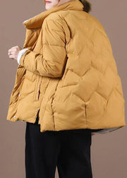 women yellow duck down coat Loose fitting snow jackets stand collar pockets Luxury overcoat - bagstylebliss