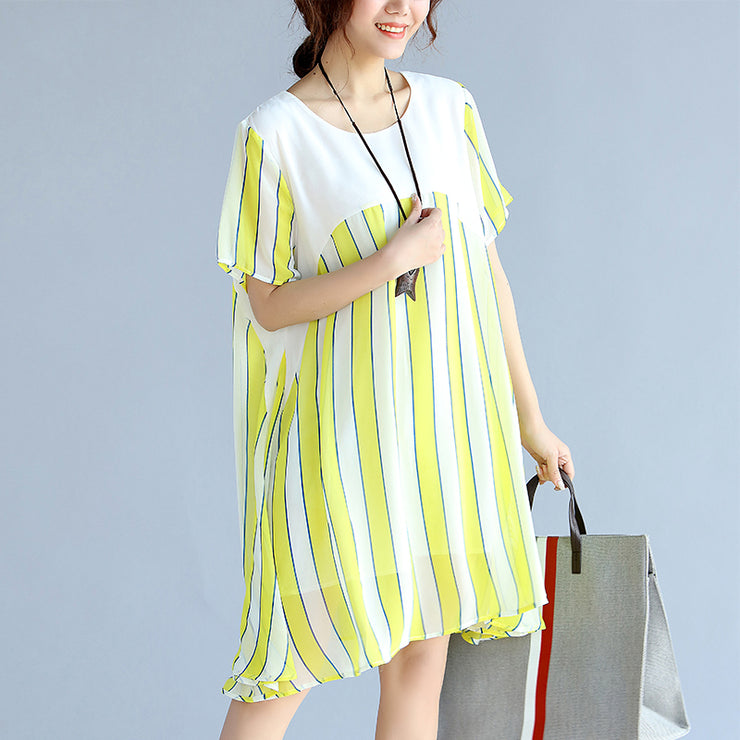 women yellow striped  chiffon dress oversized chiffon patchwork o neck chiffon clothing dresses