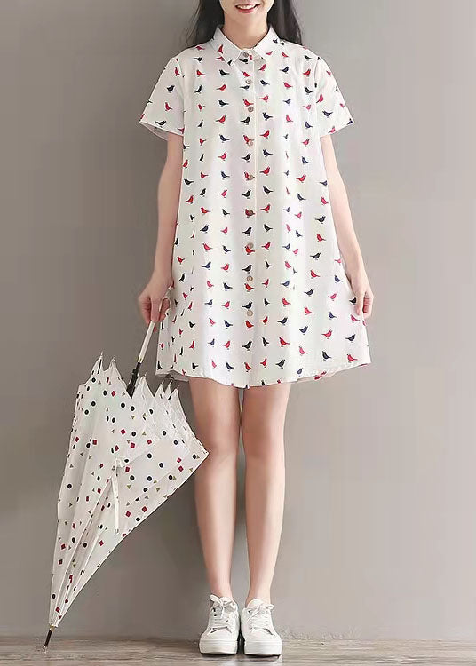 women prints linen dress casual lapel collar linen gown fine shirt dress