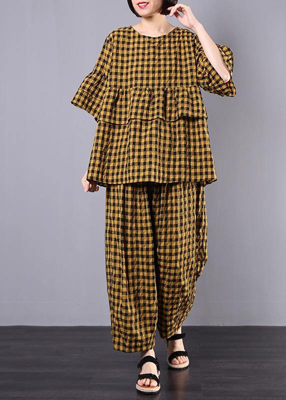 yellow plaid cotton linen patchwork ruffles tops and women wide leg pants two pieces - bagstylebliss